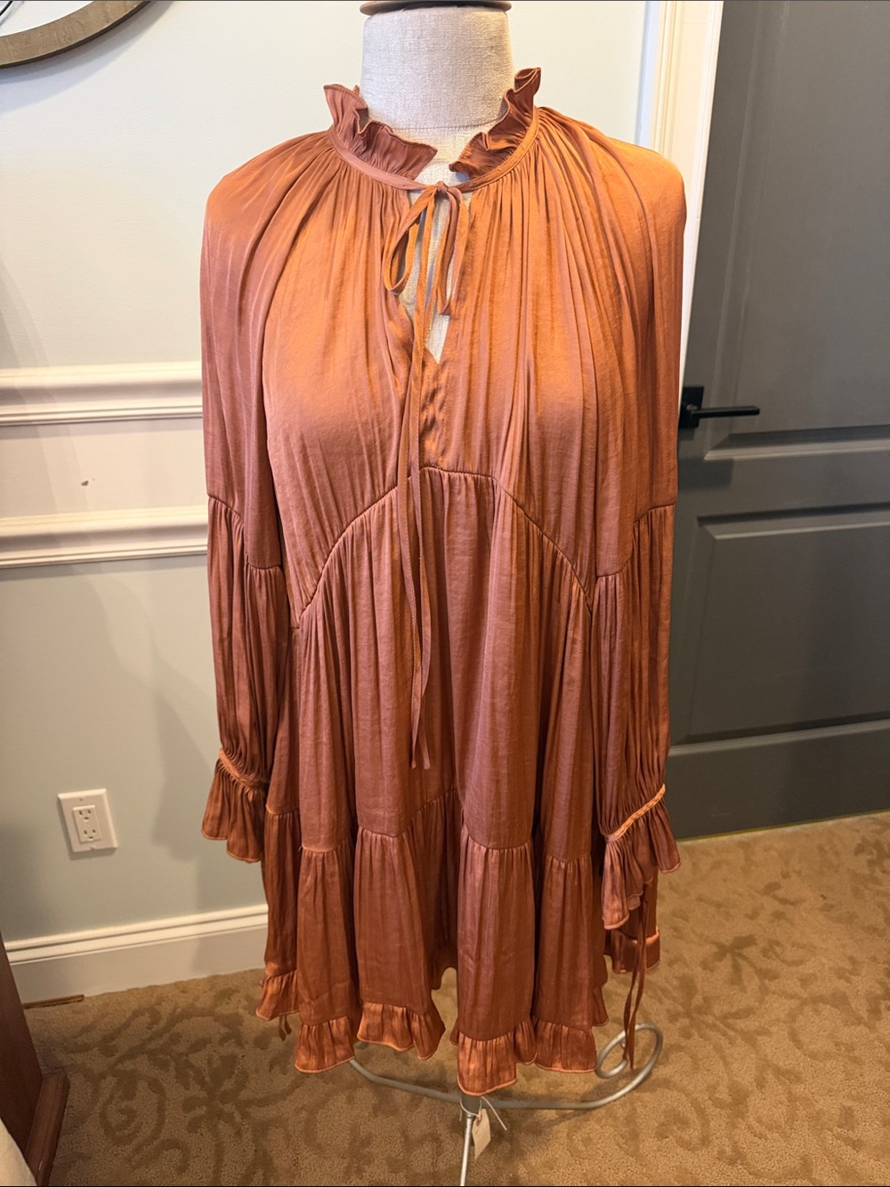 Rust Tiered Ruffle Neck Long-Sleeve Dress